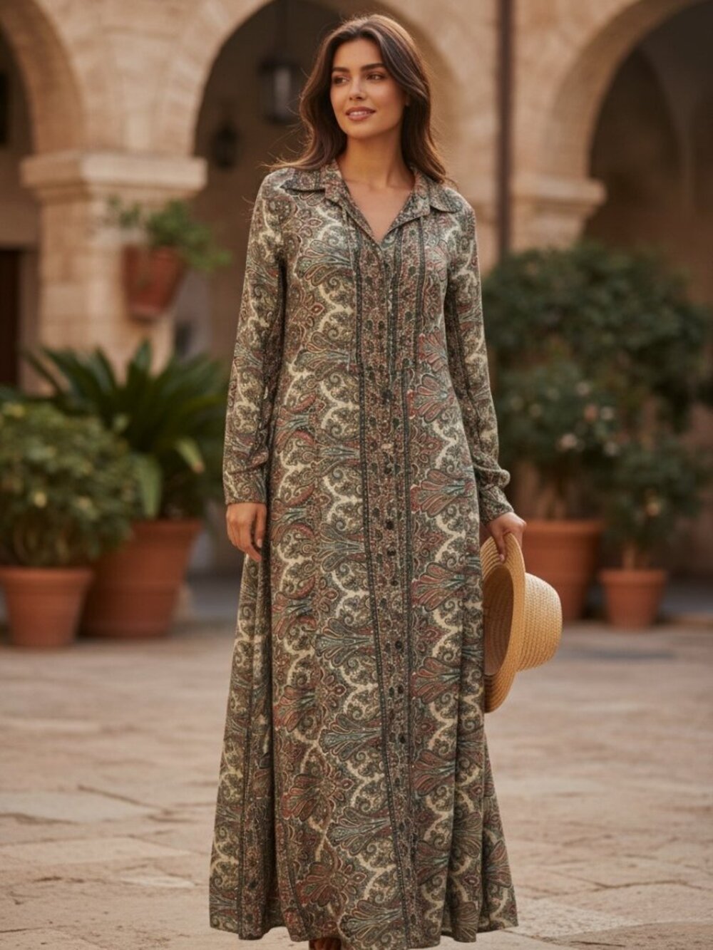 Sophie Atelier Silk Maxi Dress Women Size OS/M Paisley Boho Long Sleeve